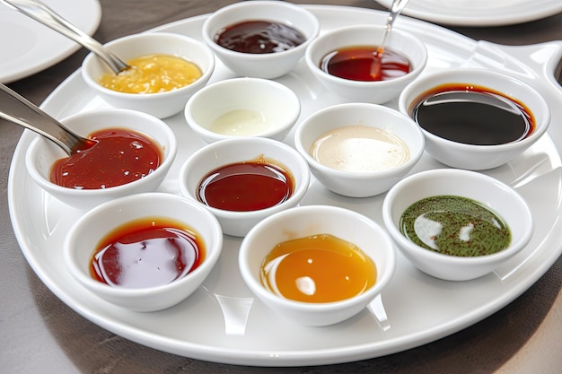 A variety of sauces and condiments on a white plate