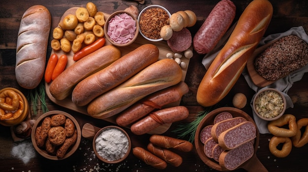 Photo variety of sausage products top down view