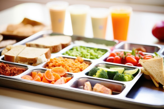 Variety of school lunch trays equal in portion size