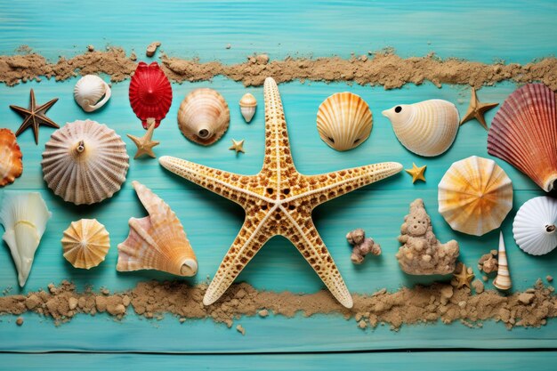 A variety of seashells and starfish are arranged on a blue wooden background