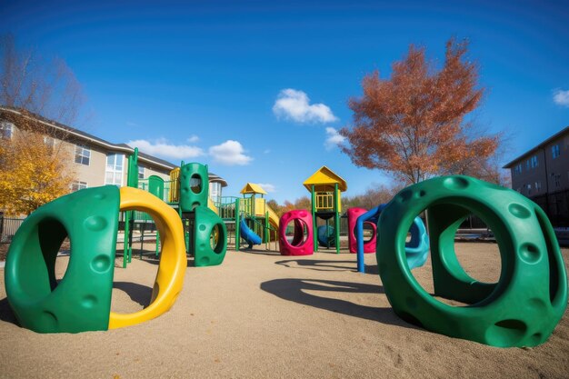 A variety of shapes sizes and colors in the playground equipment created with generative ai