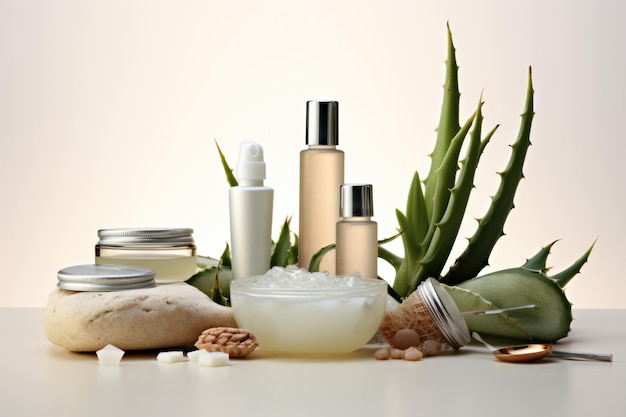 Photo a variety of skin care products are displayed on a table this image can be used to showcase different types of beauty and skincare products