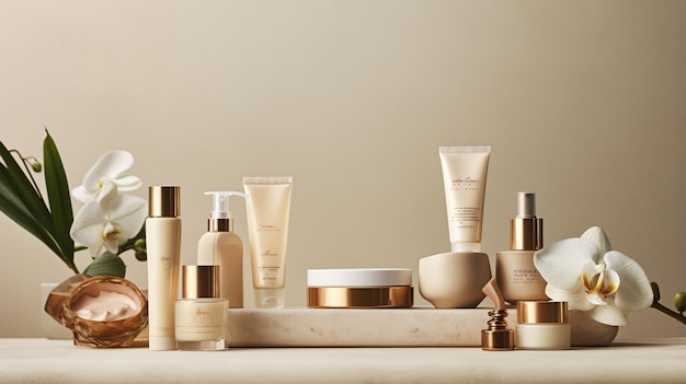 A variety of skin care products displayed on a table