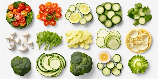 a variety of sliced vegetables arranged in a grid