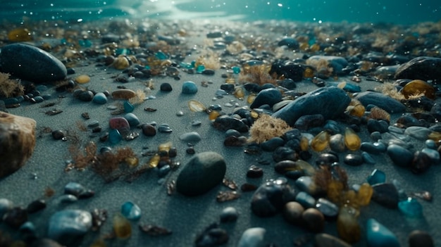 Variety of small debris in the ocean Generative AI