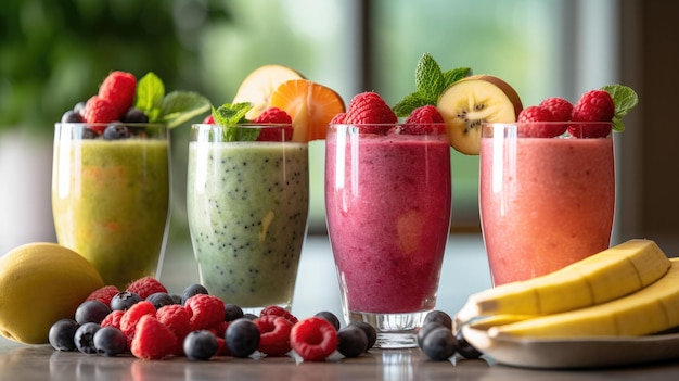 A variety of smoothies are lined up on a table.