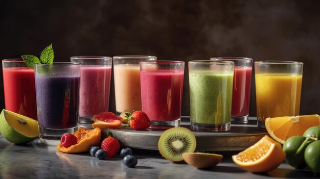 A variety of smoothies are lined up on a table.