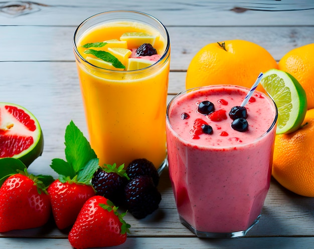 A variety of smoothies are on a table.