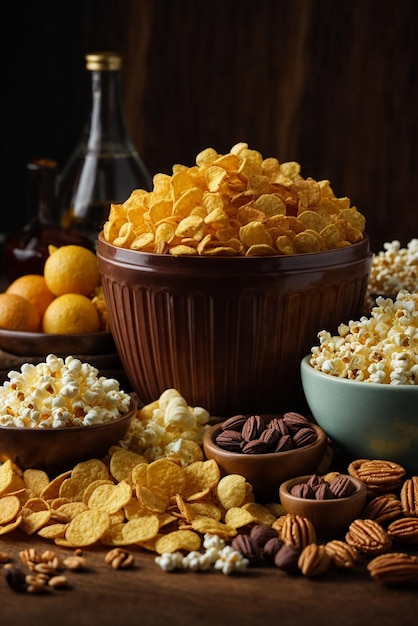 Variety of snacks in wooden bowls nuts corn raisins peanuts walnuts pecans cornflakes