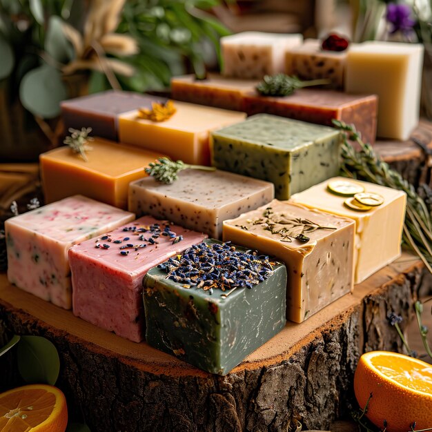 A variety of soaps are arranged on a tree stump with orange slices and herbs around them and a plant