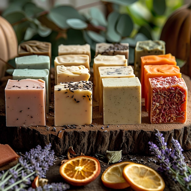 A variety of soaps are arranged on a wooden board with lavender and orange slices around them and a