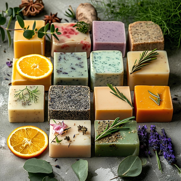 A variety of soaps with herbs and orange slices on a table with herbs and lavenders around them