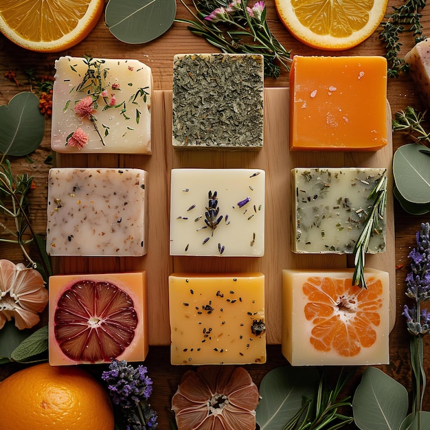 A variety of soaps with orange slices and herbs on a cutting board with flowers and herbs around the