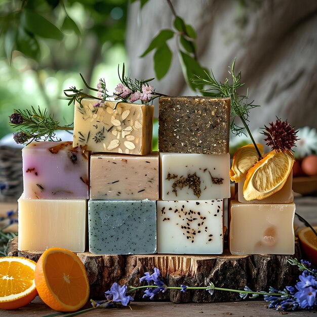 Photo a variety of soaps with orange slices and herbs on a wooden table with flowers and greenery around t