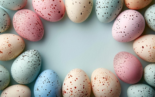 A variety of speckled Easter eggs forming a border