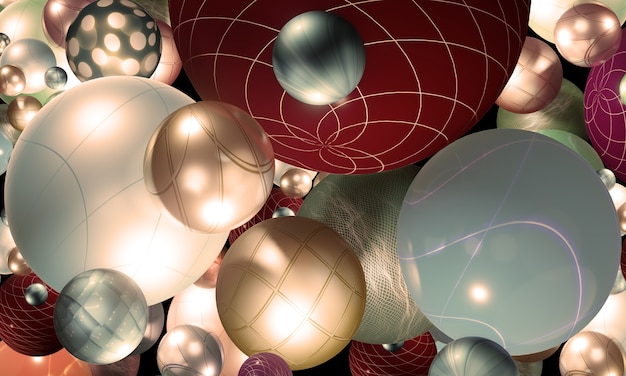 Разнообразие сфер, шаров, блестящих сфер, забавный дизайн, торжества, 3d иллюстрация