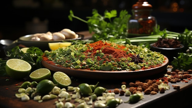 A variety of spices are on a cutting board with a green vegetable in the background