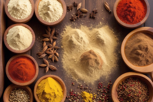 A variety of spices are displayed in bowls.