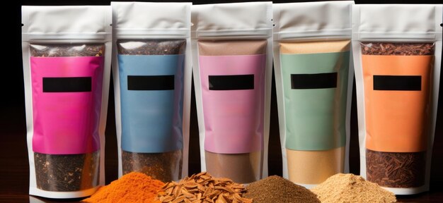 Photo a variety of spices are displayed in a row ai