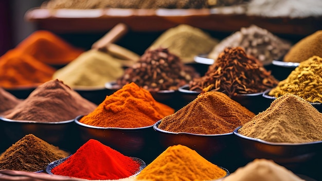 A variety of spices are displayed in small containers