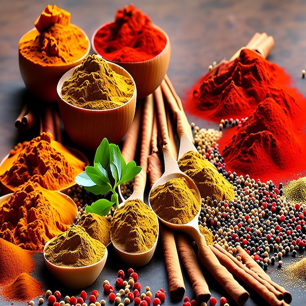 A variety of spices are displayed on a table.