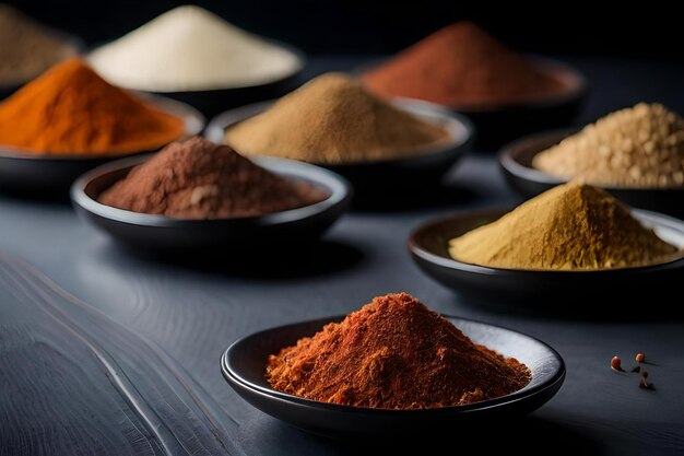 A variety of spices are displayed on a table.