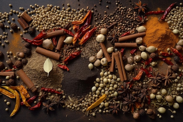 A variety of spices are on a table.