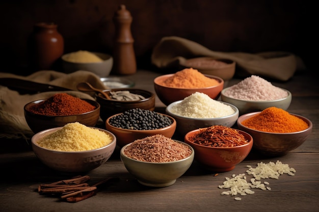 A variety of spices are on a table.