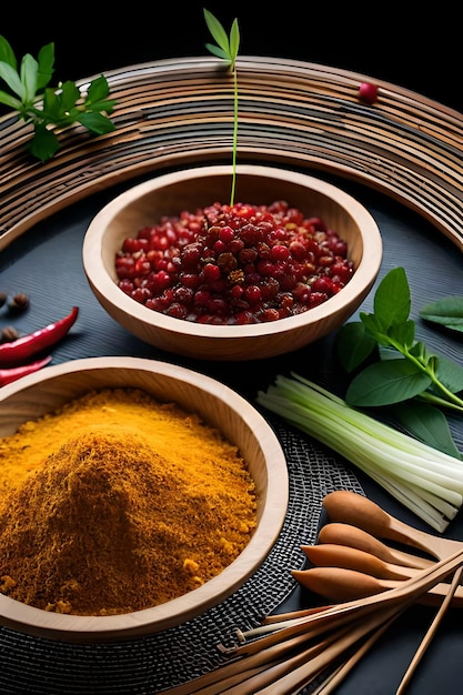 A variety of spices are on a tray.