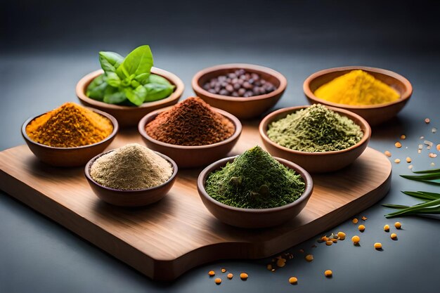 A variety of spices are on a tray.