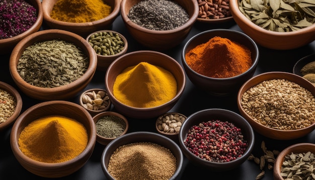 A variety of spices in bowls including cinnamon paprika and pepper