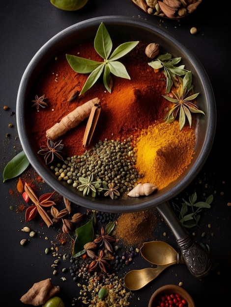 A variety of spices and herbs artistically arranged on a round tray against a dark background