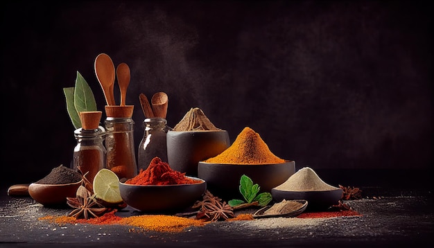 Variety spices and herbs on background of black table with empty space Generative AI