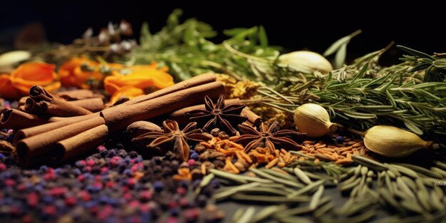 Foto una varietà di spezie ed erbe esposte su un tavolo perfetto per concetti culinari e di cottura