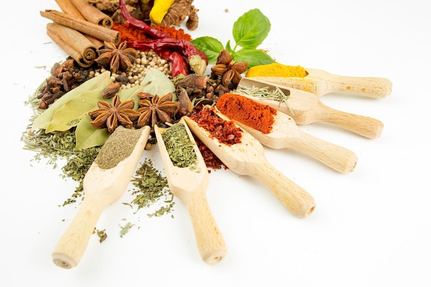 Variety of spices and herbs on kitchen