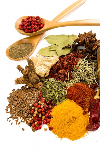 Variety of spices and herbs on kitchen