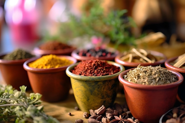 Variety of spices and herbs in wooden bowls