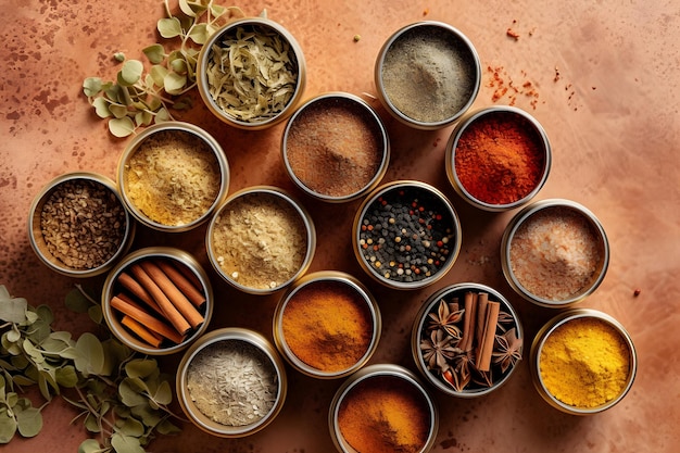 Variety of spices and herbs in wooden bowls