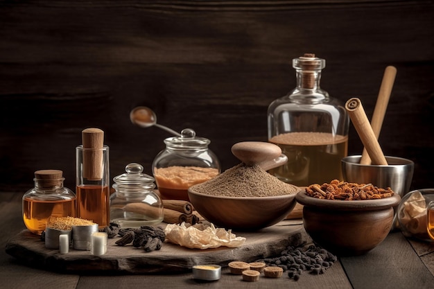 A variety of spices including a bottle of chocolate oil a bottle of chocolate oil