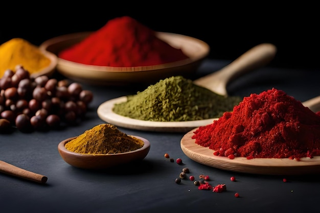 A variety of spices including red and green.