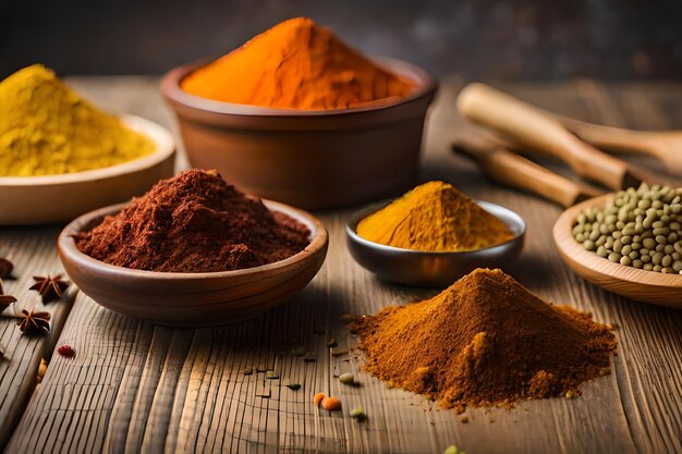 Photo variety of spices on kitchen table