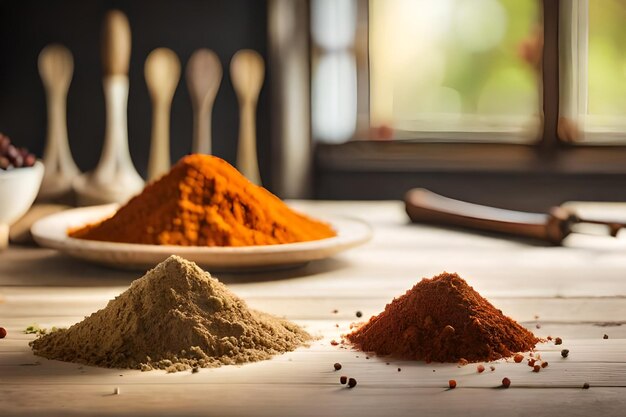 Photo variety of spices on kitchen table