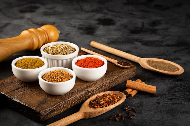 Variety of spices and seasonings on the table