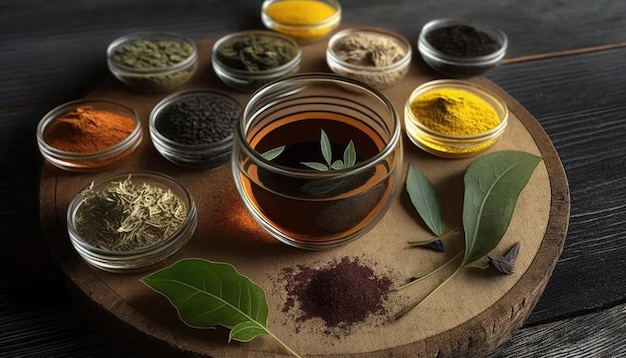 A variety of spices on a table with leaves on it