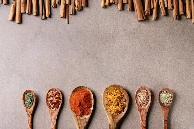 Variety of spices on wooden spoons