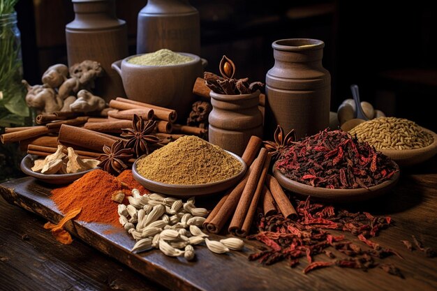 A variety of spices on a wooden table