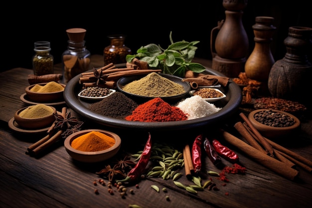 A variety of spices on a wooden table