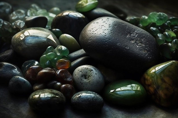 Photo a variety of stones are arranged on a dark surface.