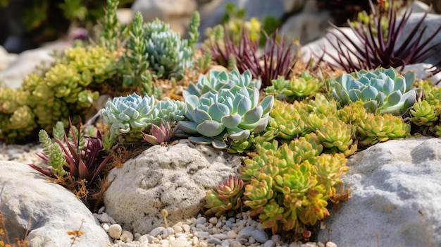 A variety of succulents are displayed in a garden.