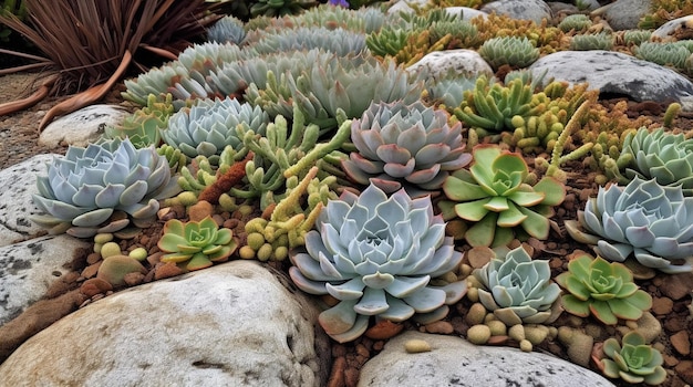 A variety of succulents are displayed in a garden.